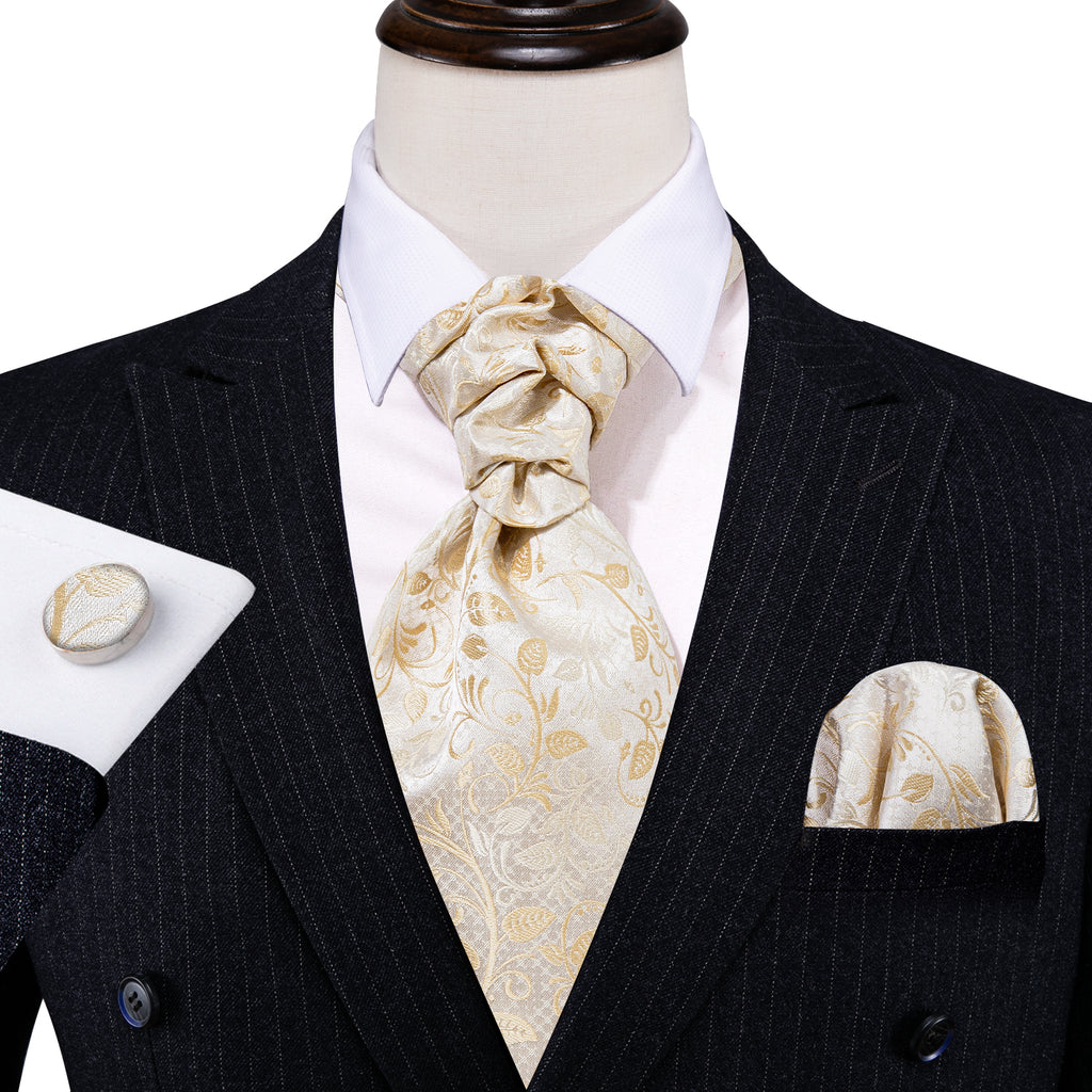 White Floral Silk Ascot, Pocket Square and Cufflinks ascot - Sophisticated Gentlemen