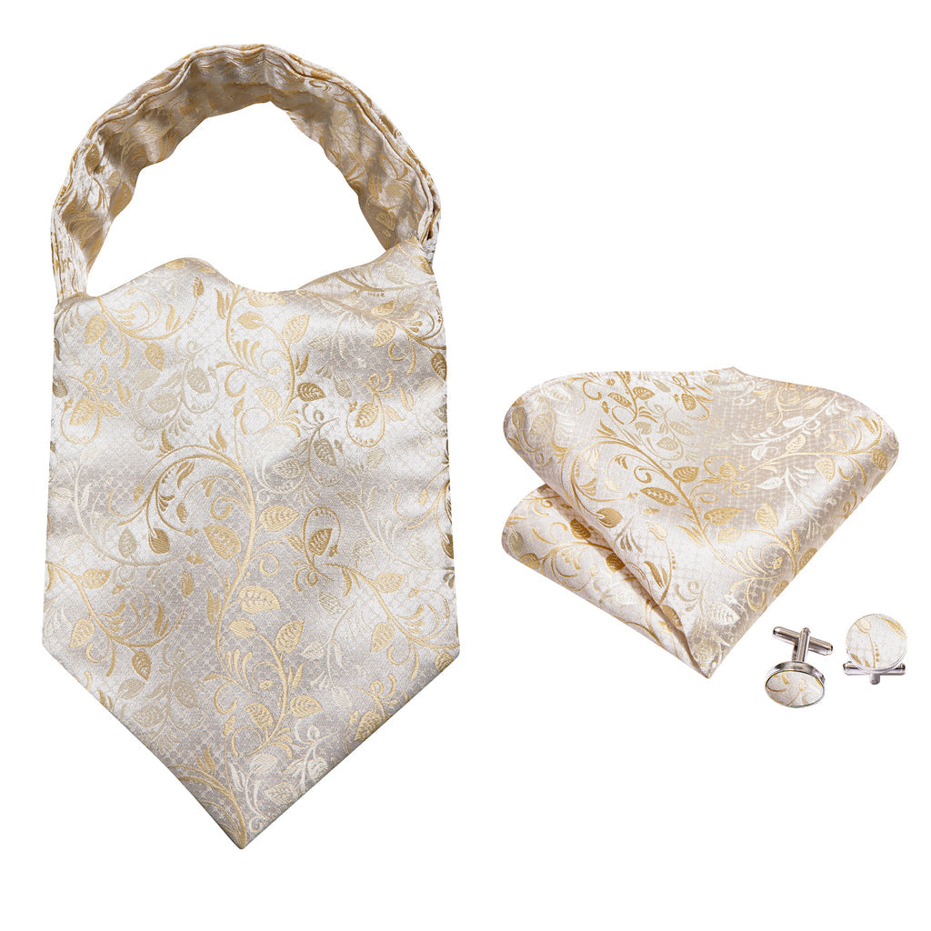 White Floral Silk Ascot, Pocket Square and Cufflinks ascot - Sophisticated Gentlemen
