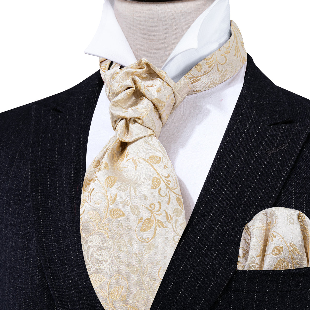 White Floral Silk Ascot, Pocket Square and Cufflinks ascot - Sophisticated Gentlemen