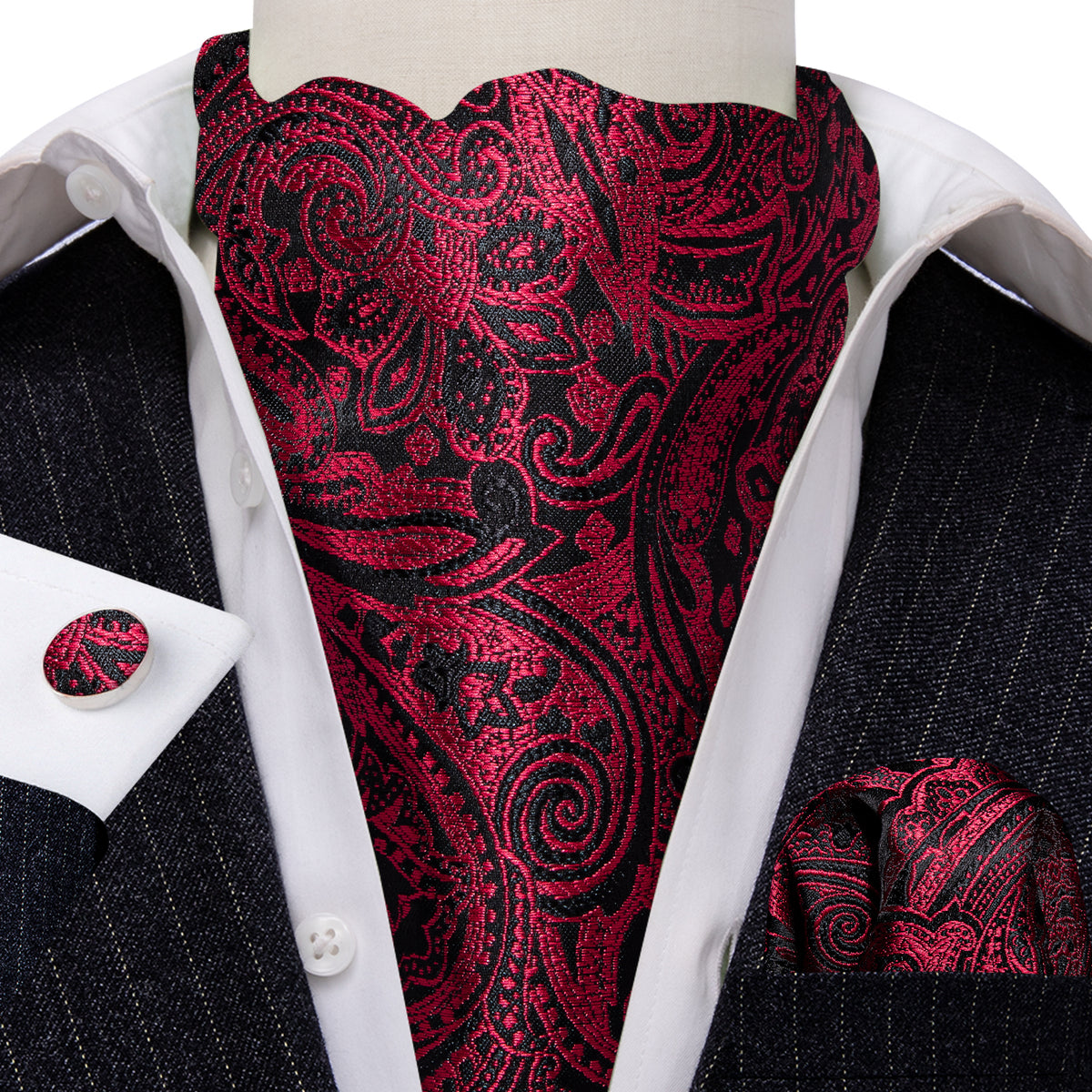 Black Red Paisley Silk Ascot, Pocket Square and Cufflinks ascot - Sophisticated Gentlemen