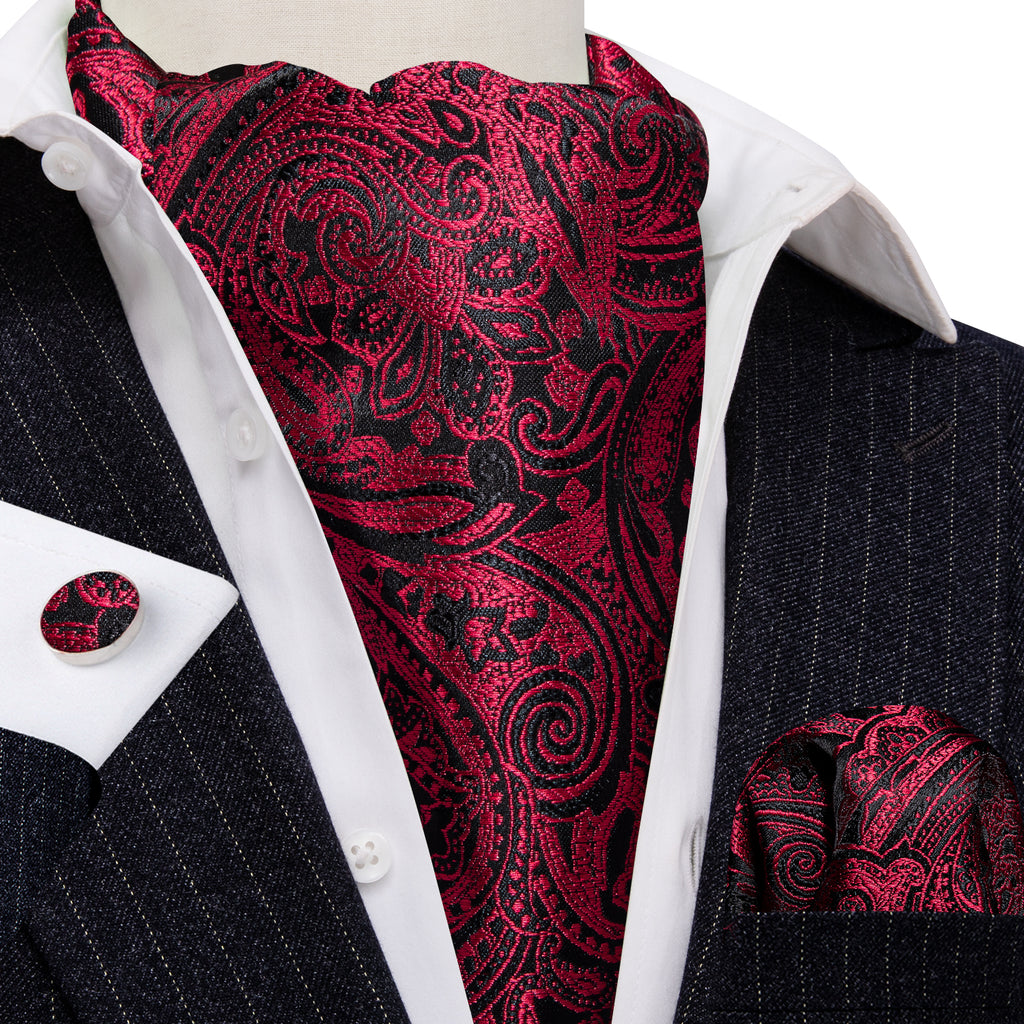 Black Red Paisley Silk Ascot, Pocket Square and Cufflinks ascot - Sophisticated Gentlemen