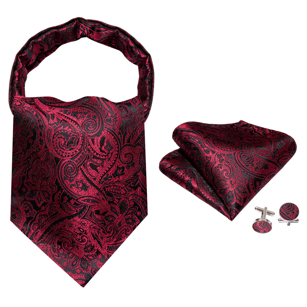 Black Red Paisley Silk Ascot, Pocket Square and Cufflinks ascot - Sophisticated Gentlemen