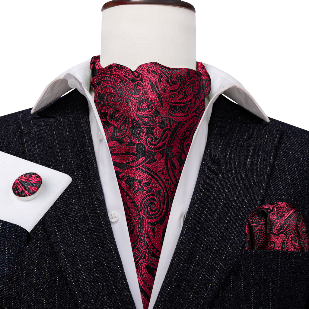 Black Red Paisley Silk Ascot, Pocket Square and Cufflinks ascot - Sophisticated Gentlemen