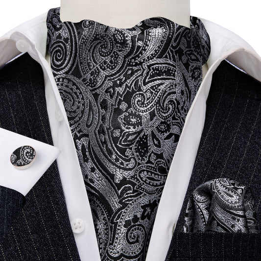 Black Gray Paisley Silk Ascot, Pocket Square and Cufflinks ascot    - Sophisticated Gentlemen