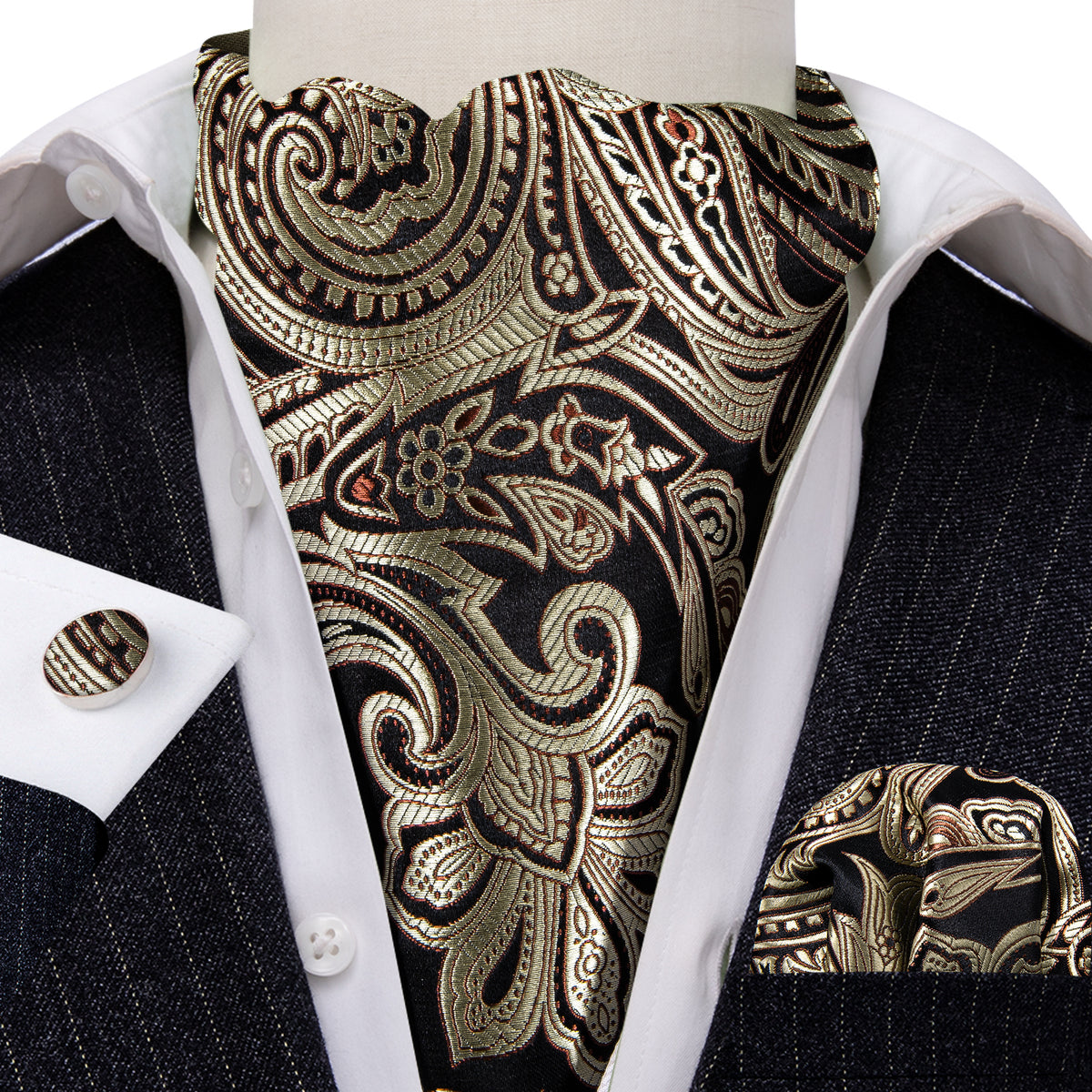 Gold Black Silk Paisley Ascot, Pocket Square and Cufflinks ascot - Sophisticated Gentlemen
