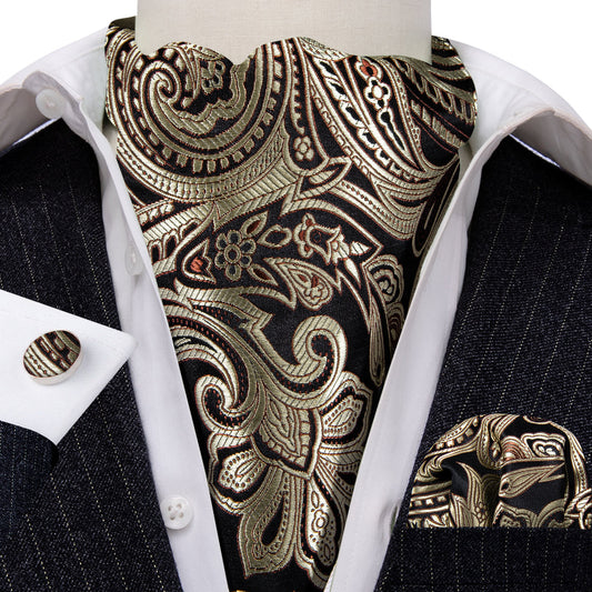 Gold Black Silk Paisley Ascot, Pocket Square and Cufflinks ascot    - Sophisticated Gentlemen