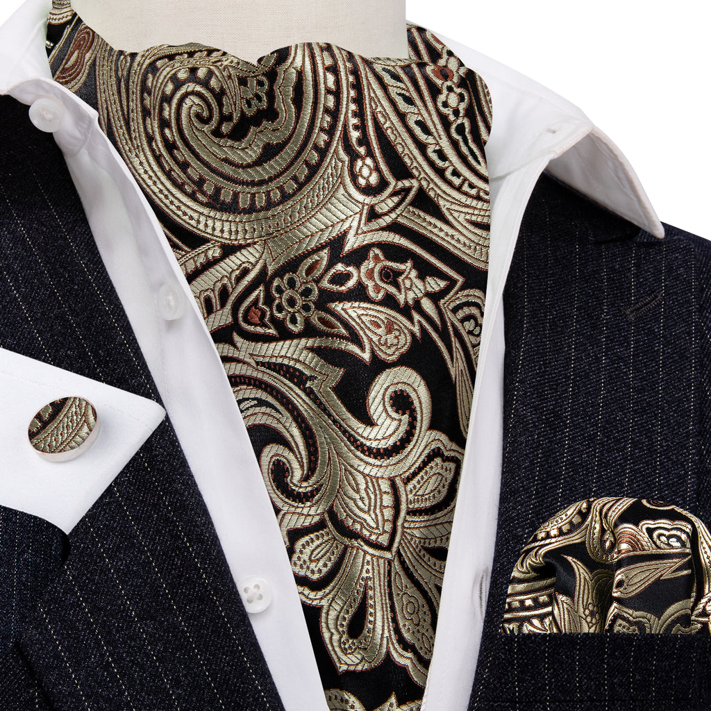 Gold Black Silk Paisley Ascot, Pocket Square and Cufflinks ascot - Sophisticated Gentlemen