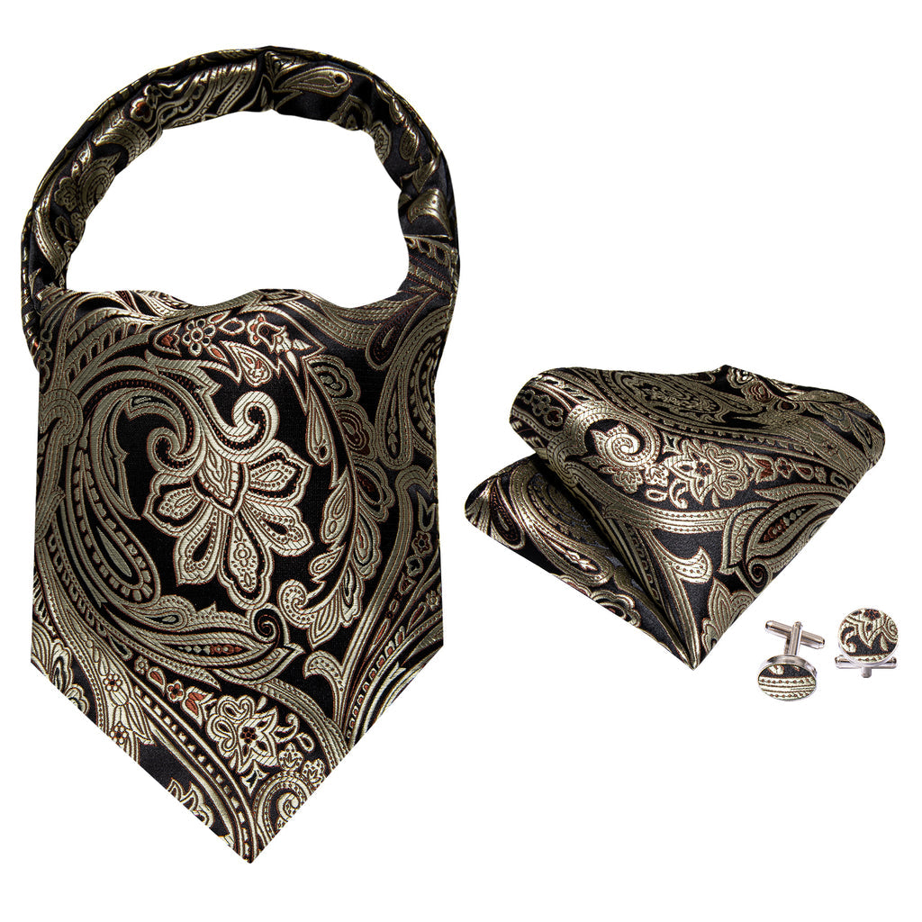 Gold Black Silk Paisley Ascot, Pocket Square and Cufflinks ascot - Sophisticated Gentlemen