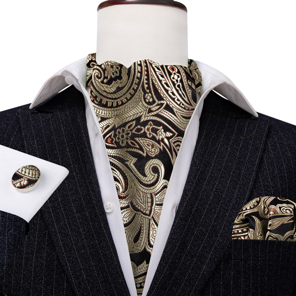 Gold Black Silk Paisley Ascot, Pocket Square and Cufflinks ascot - Sophisticated Gentlemen