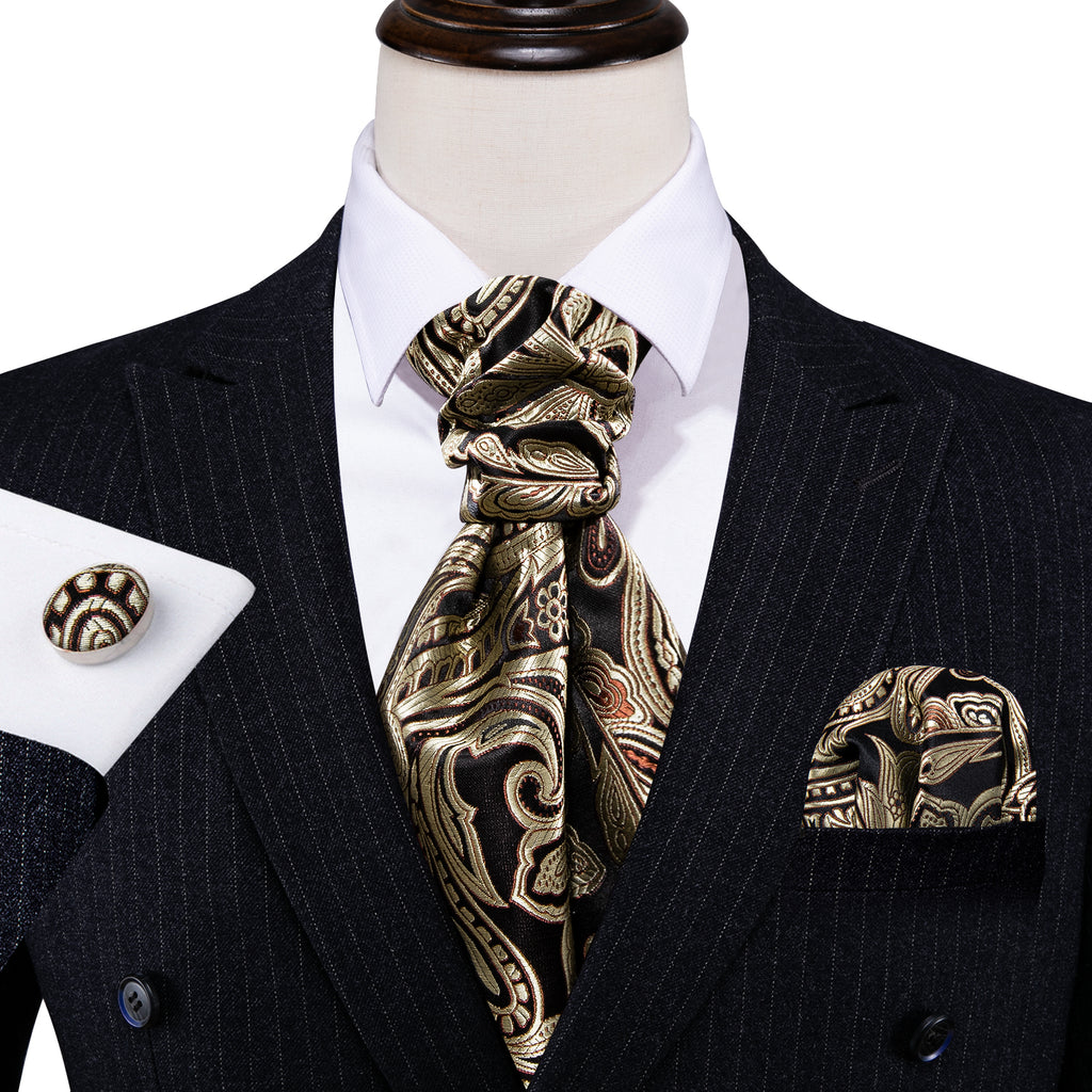Gold Black Silk Paisley Ascot, Pocket Square and Cufflinks ascot - Sophisticated Gentlemen