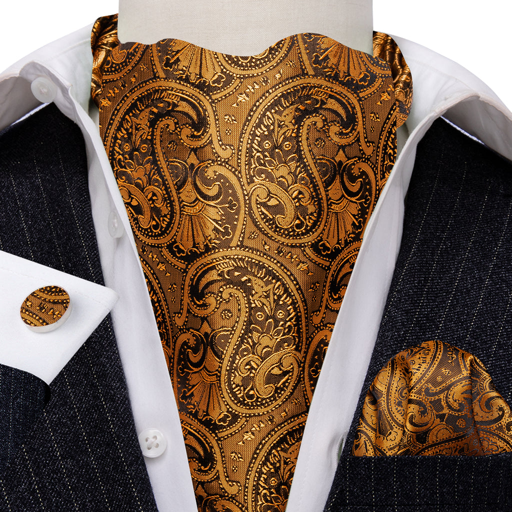 Gold Brown Silk Paisley Ascot, Pocket Square and Cufflinks ascot - Sophisticated Gentlemen