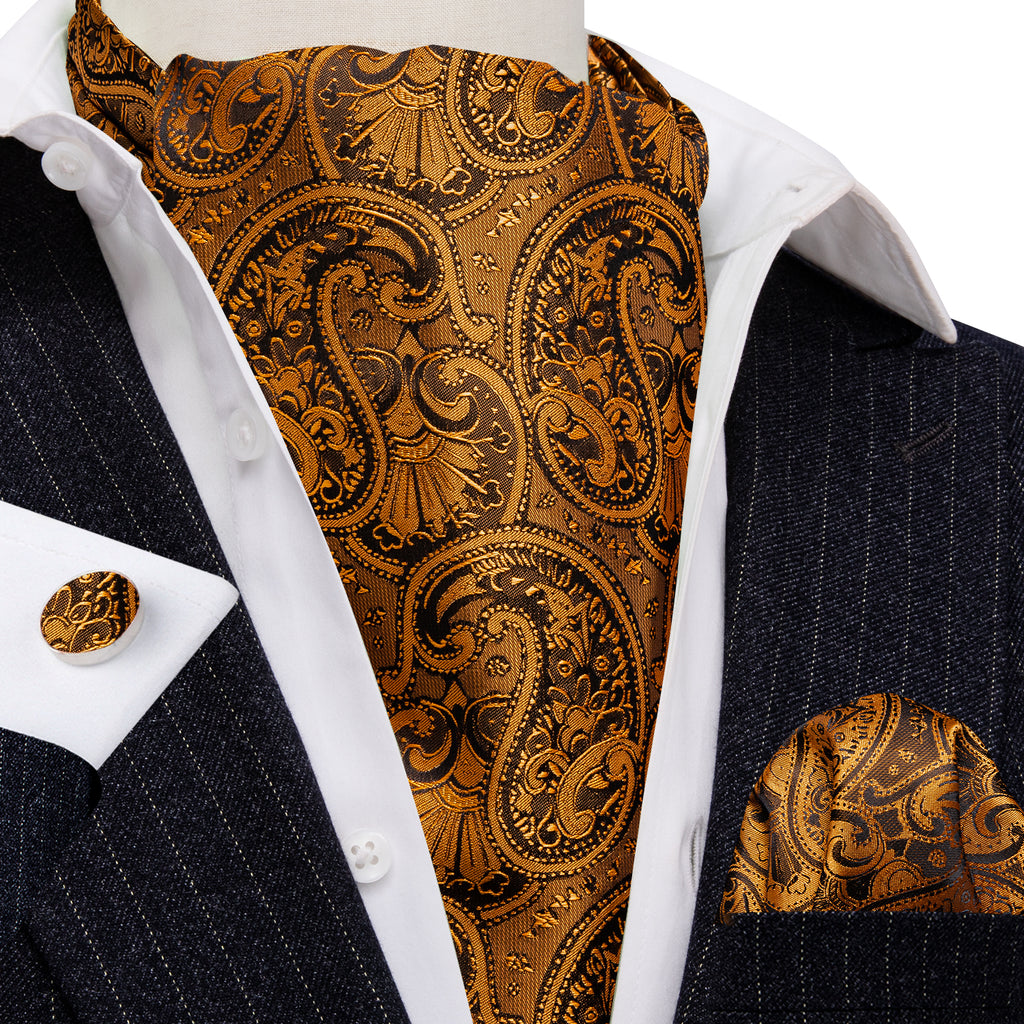 Gold Brown Silk Paisley Ascot, Pocket Square and Cufflinks ascot - Sophisticated Gentlemen