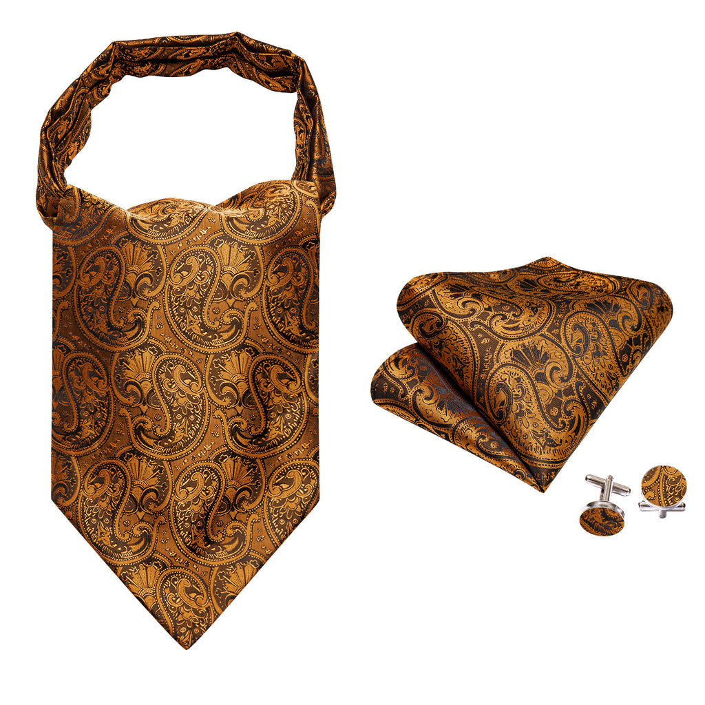 Gold Brown Silk Paisley Ascot, Pocket Square and Cufflinks ascot - Sophisticated Gentlemen