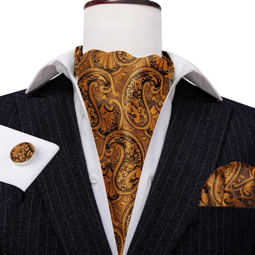 Gold Brown Silk Paisley Ascot, Pocket Square and Cufflinks ascot - Sophisticated Gentlemen