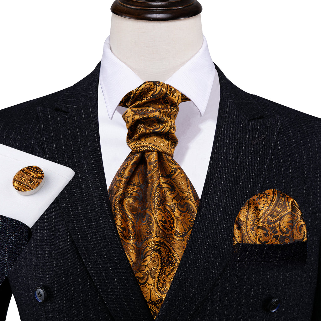 Gold Brown Silk Paisley Ascot, Pocket Square and Cufflinks ascot - Sophisticated Gentlemen