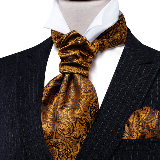 Gold Brown Silk Paisley Ascot, Pocket Square and Cufflinks ascot    - Sophisticated Gentlemen