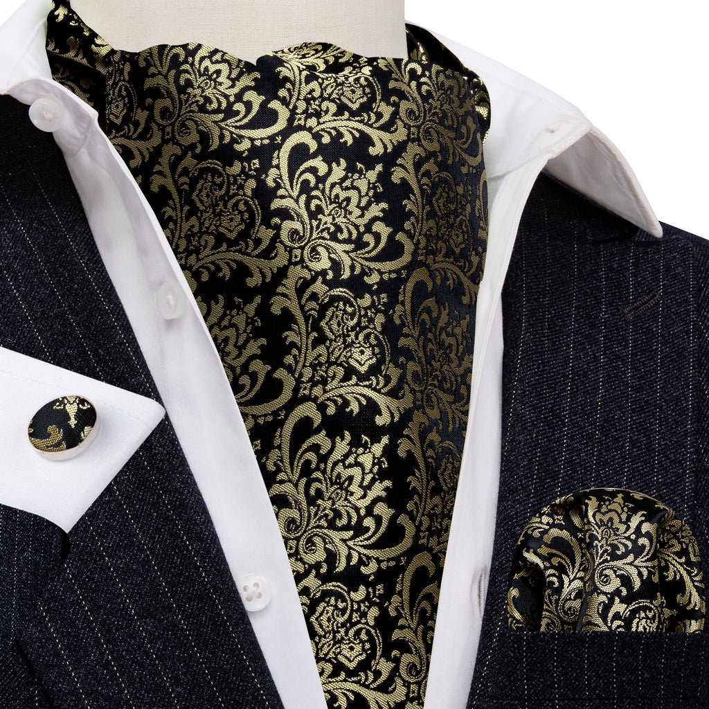 Black Gold Silk Paisley Ascot, Pocket Square and Cufflinks ascot - Sophisticated Gentlemen