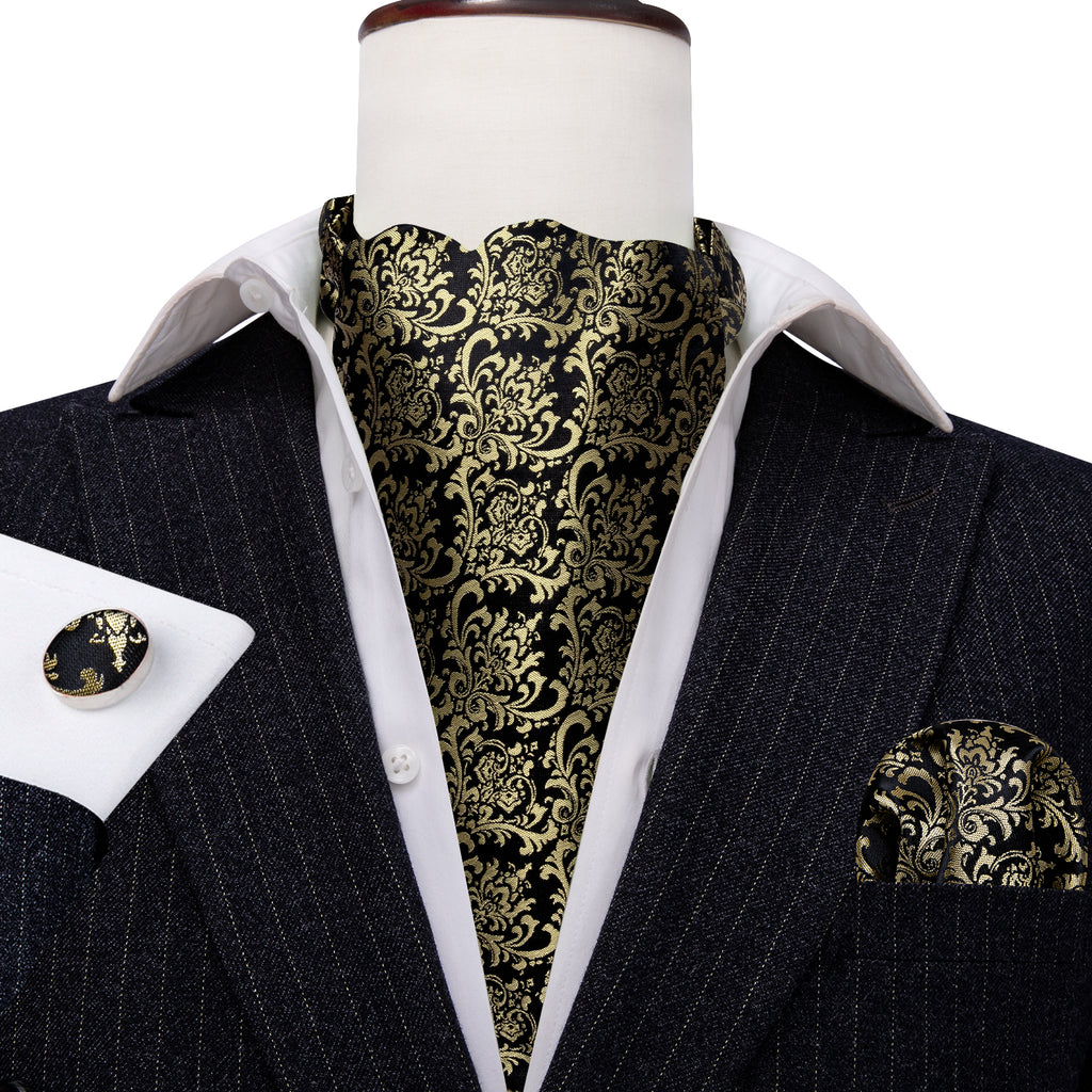 Black Gold Silk Paisley Ascot, Pocket Square and Cufflinks ascot - Sophisticated Gentlemen