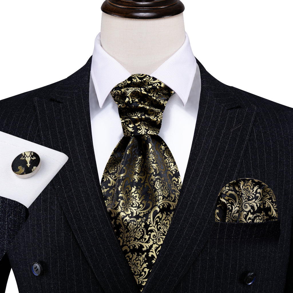 Black Gold Silk Paisley Ascot, Pocket Square and Cufflinks ascot - Sophisticated Gentlemen