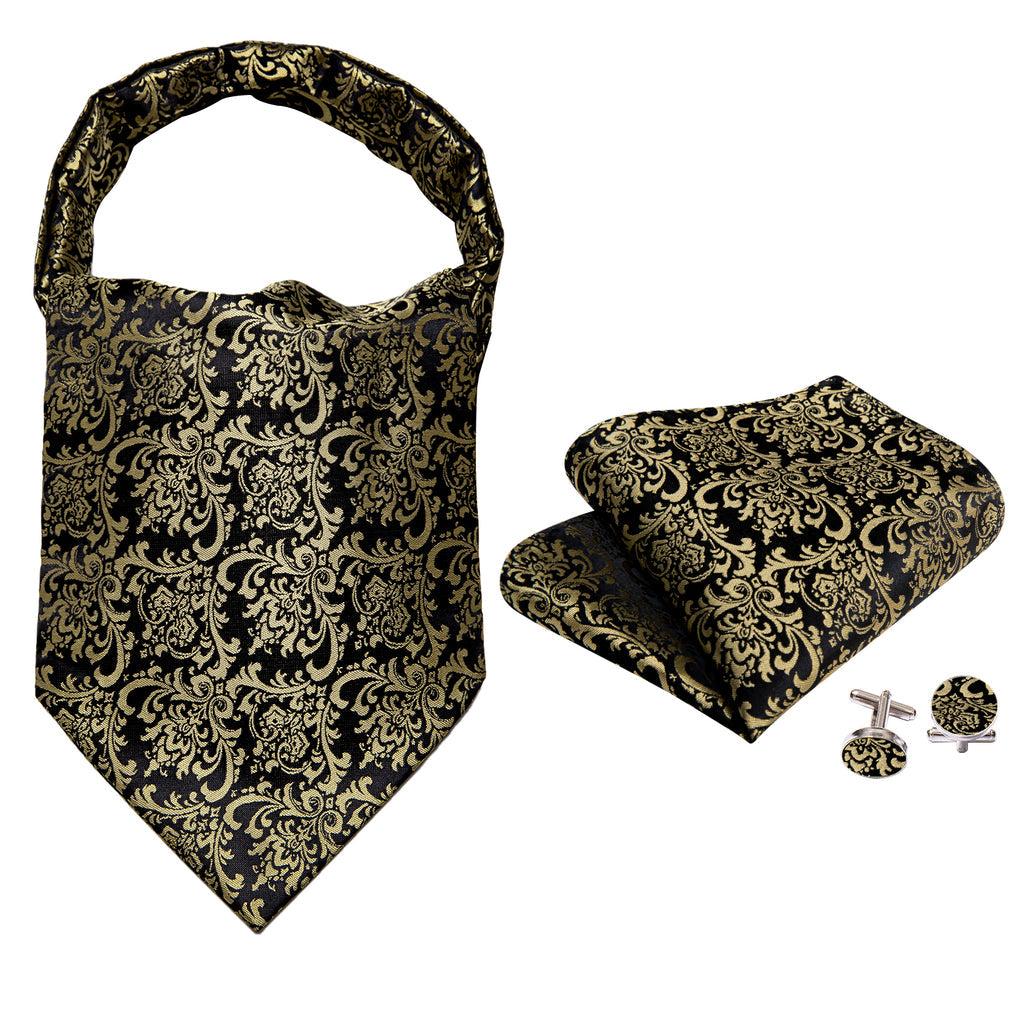 Black Gold Silk Paisley Ascot, Pocket Square and Cufflinks ascot - Sophisticated Gentlemen