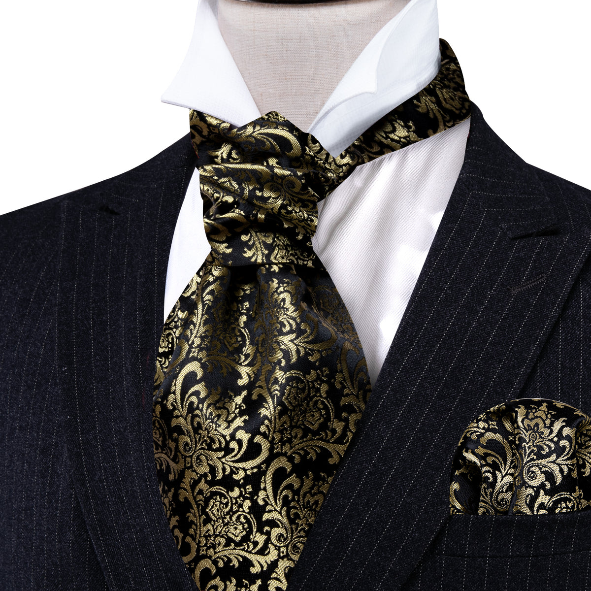 Black Gold Silk Paisley Ascot, Pocket Square and Cufflinks ascot - Sophisticated Gentlemen