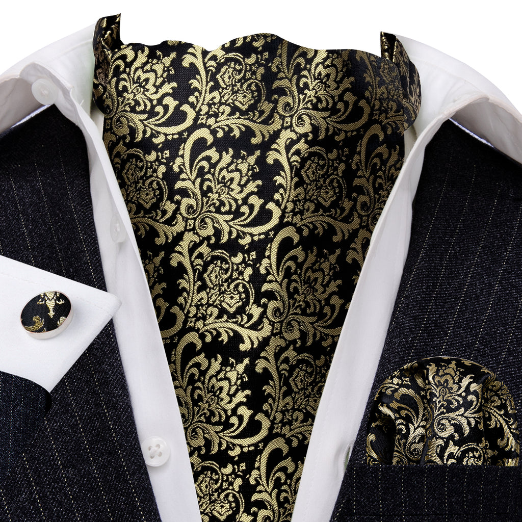 Black Gold Silk Paisley Ascot, Pocket Square and Cufflinks ascot - Sophisticated Gentlemen