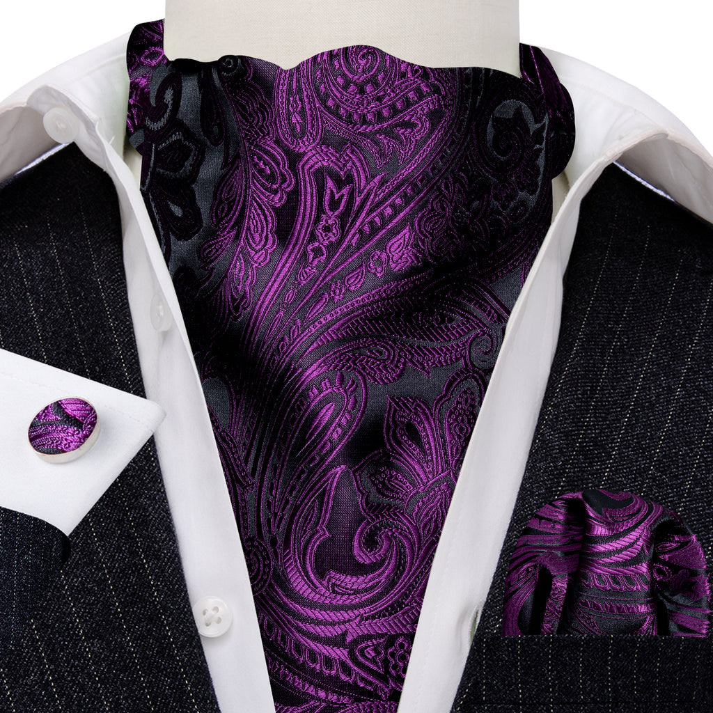 Purple Black Silk Paisley Ascot, Pocket Square and Cufflinks ascot - Sophisticated Gentlemen