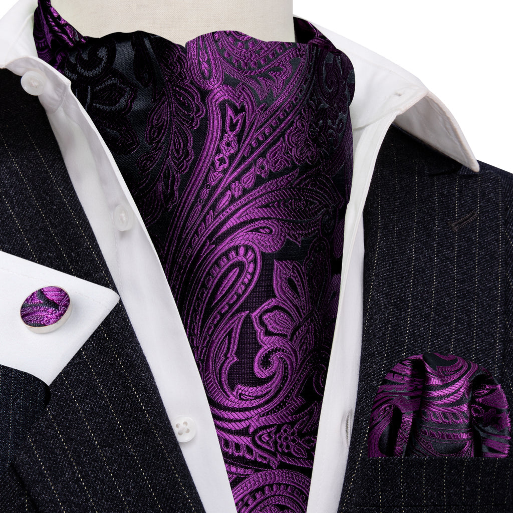 Purple Black Silk Paisley Ascot, Pocket Square and Cufflinks ascot - Sophisticated Gentlemen