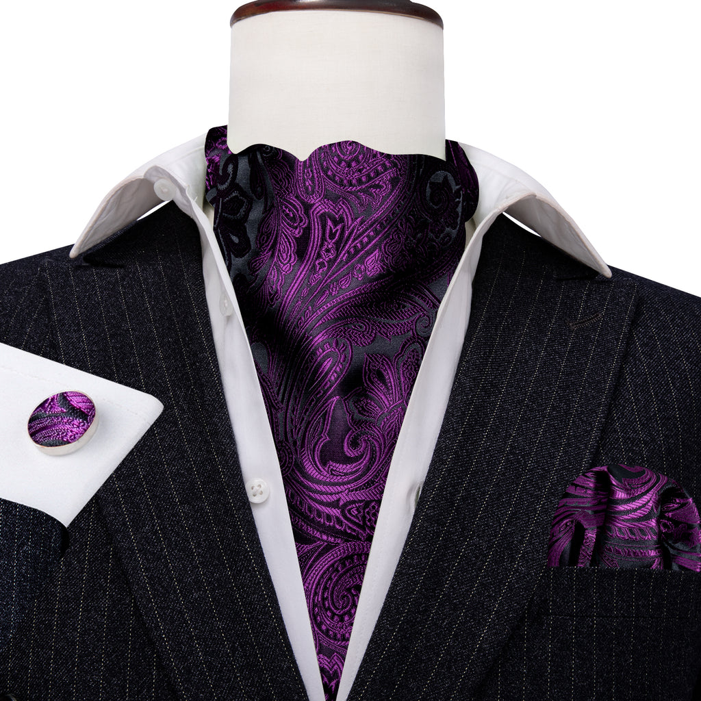 Purple Black Silk Paisley Ascot, Pocket Square and Cufflinks ascot - Sophisticated Gentlemen