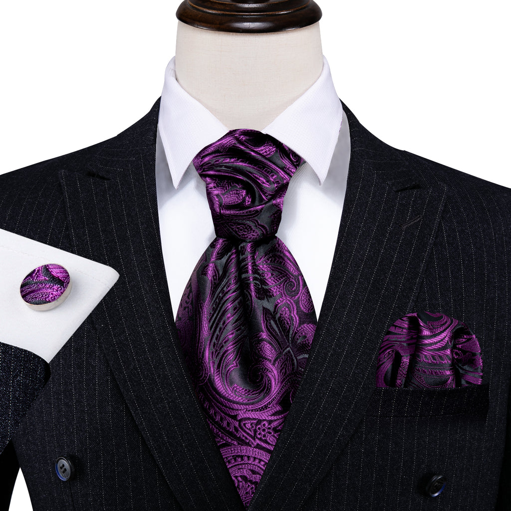 Purple Black Silk Paisley Ascot, Pocket Square and Cufflinks ascot - Sophisticated Gentlemen