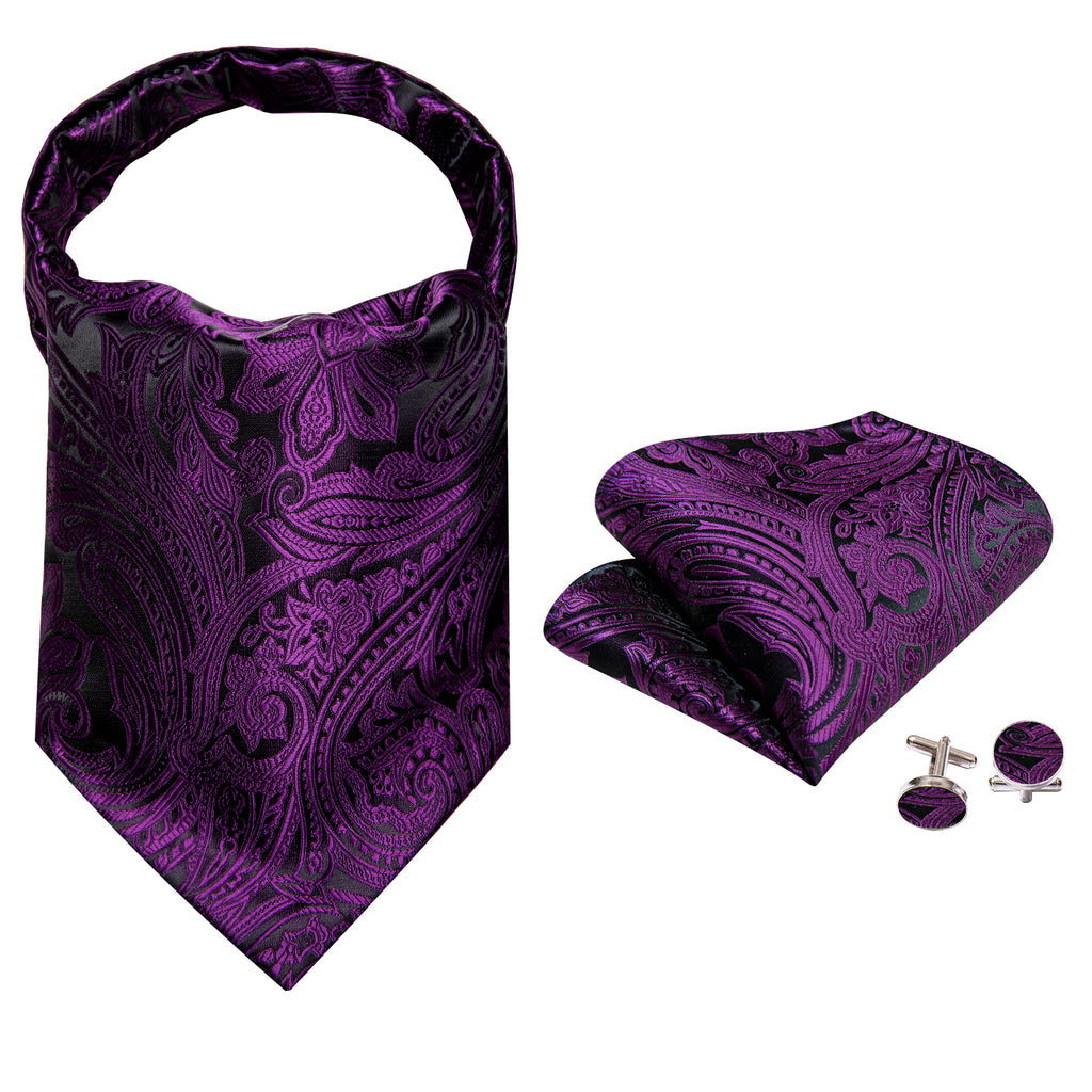 Purple Black Silk Paisley Ascot, Pocket Square and Cufflinks ascot - Sophisticated Gentlemen