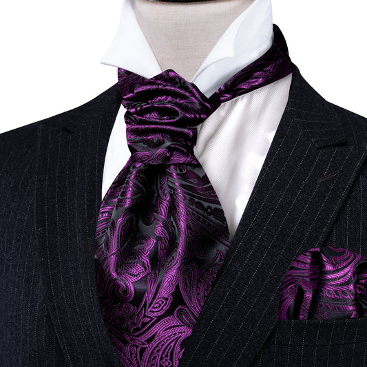 Purple Black Silk Paisley Ascot, Pocket Square and Cufflinks ascot    - Sophisticated Gentlemen