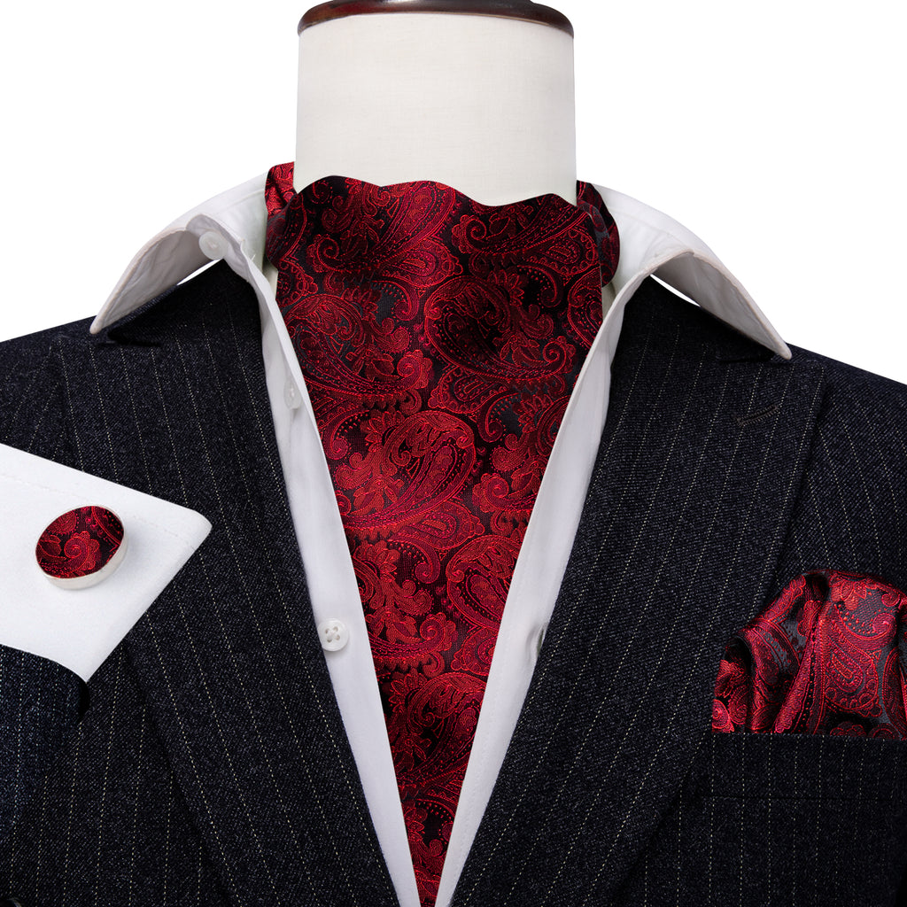 Shining Red Paisley Ascot, Pocket Square and Cufflinks ascot - Sophisticated Gentlemen