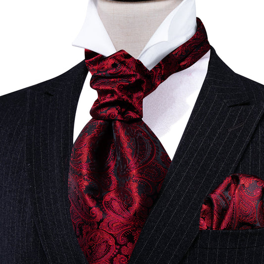 Shining Red Paisley Ascot, Pocket Square and Cufflinks ascot    - Sophisticated Gentlemen