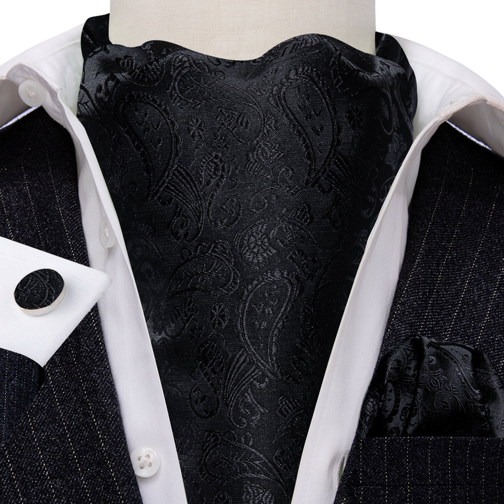 Black Paisley Ascot, Pocket Square and Cufflinks ascot - Sophisticated Gentlemen