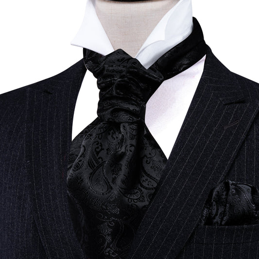 Black Paisley Ascot, Pocket Square and Cufflinks ascot    - Sophisticated Gentlemen