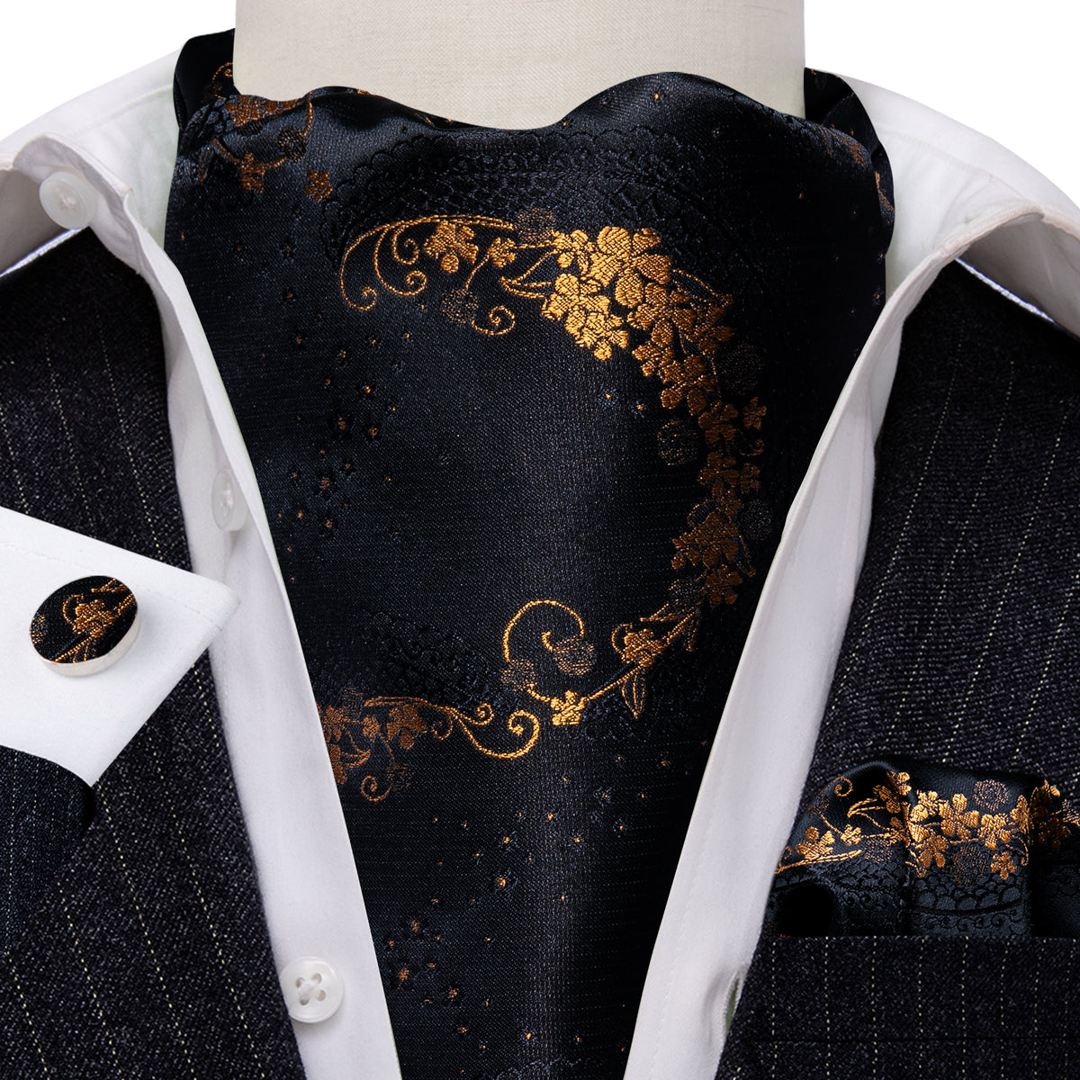 Black Gold Paisley Ascot, Pocket Square and Cufflinks ascot - Sophisticated Gentlemen