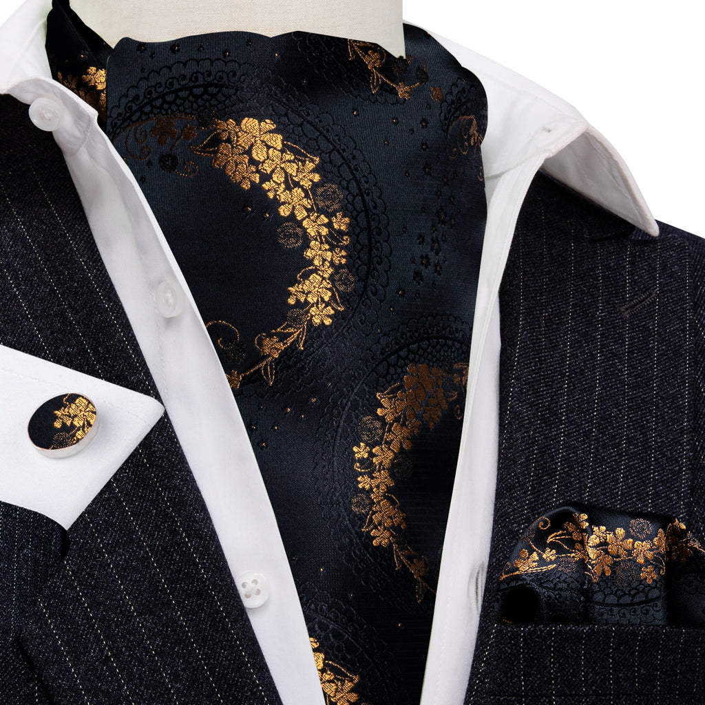 Black Gold Paisley Ascot, Pocket Square and Cufflinks ascot - Sophisticated Gentlemen