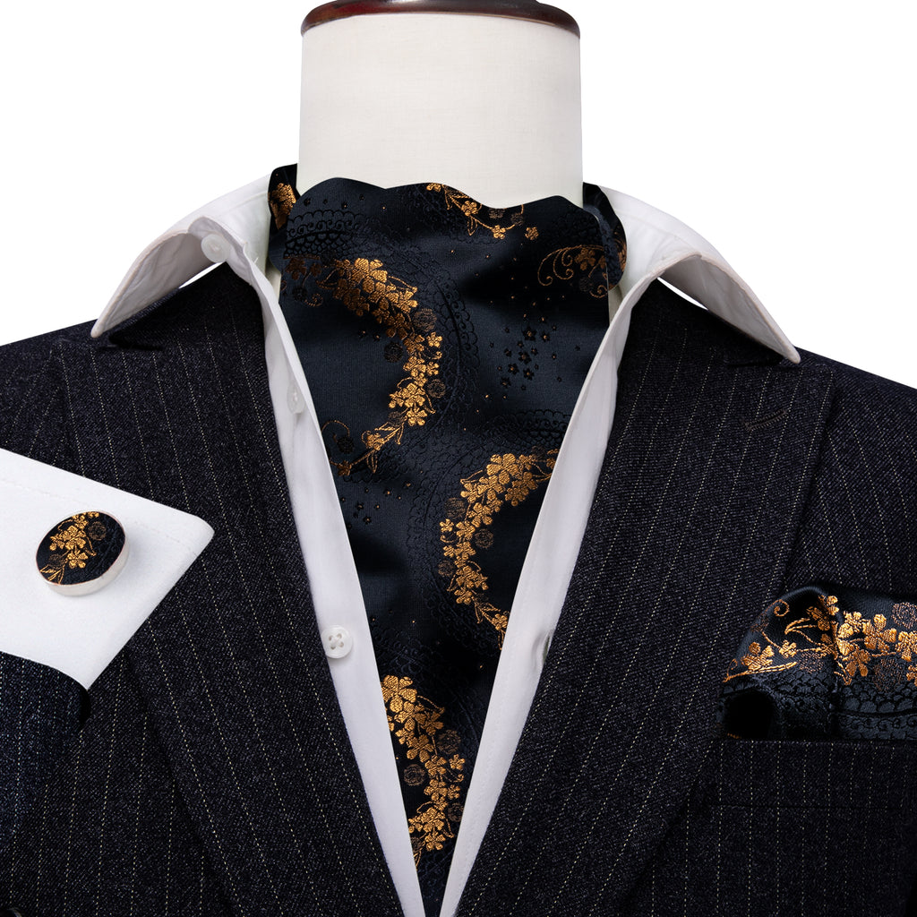 Black Gold Paisley Ascot, Pocket Square and Cufflinks ascot - Sophisticated Gentlemen