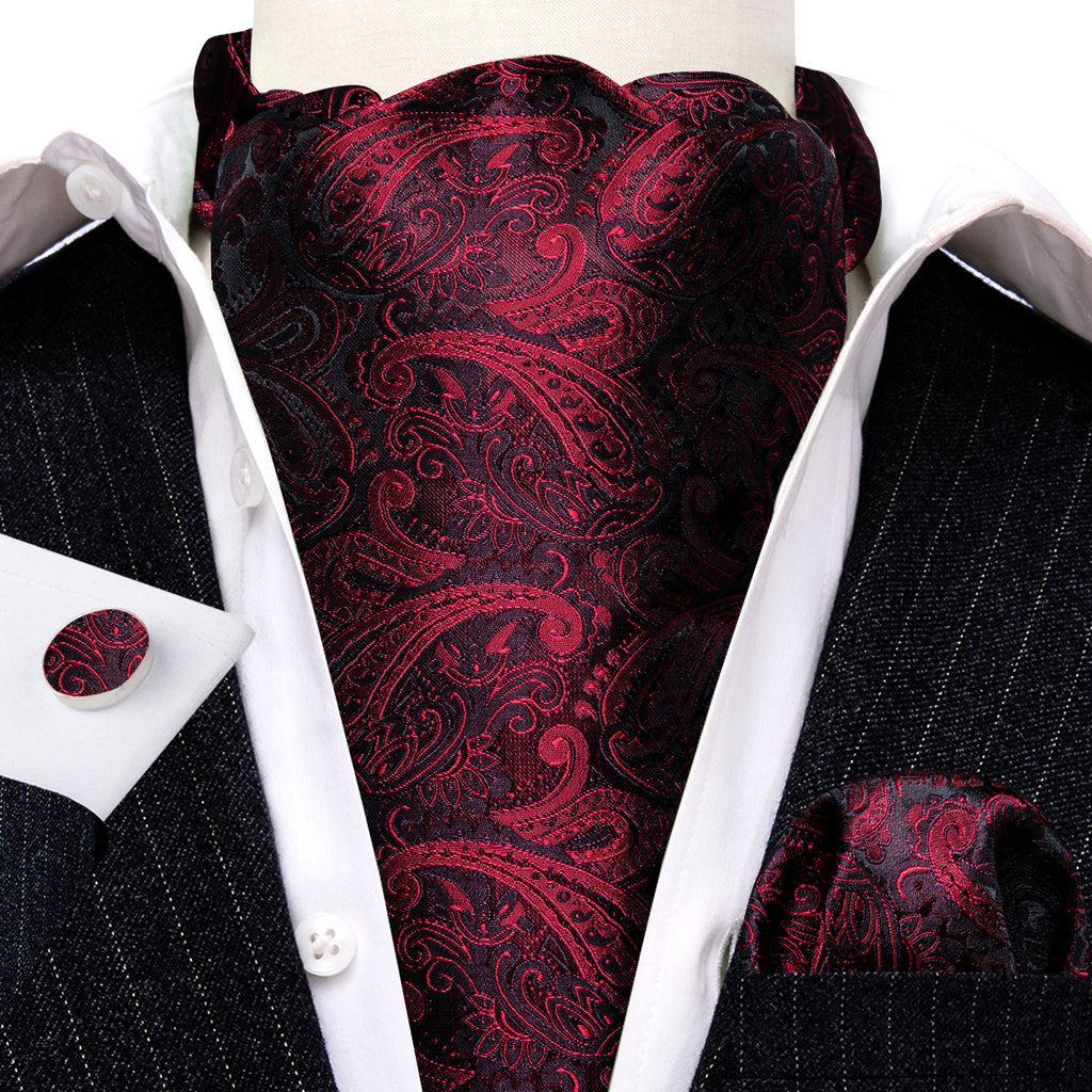 Black Red Paisley Ascot, Pocket Square and Cufflinks ascot - Sophisticated Gentlemen