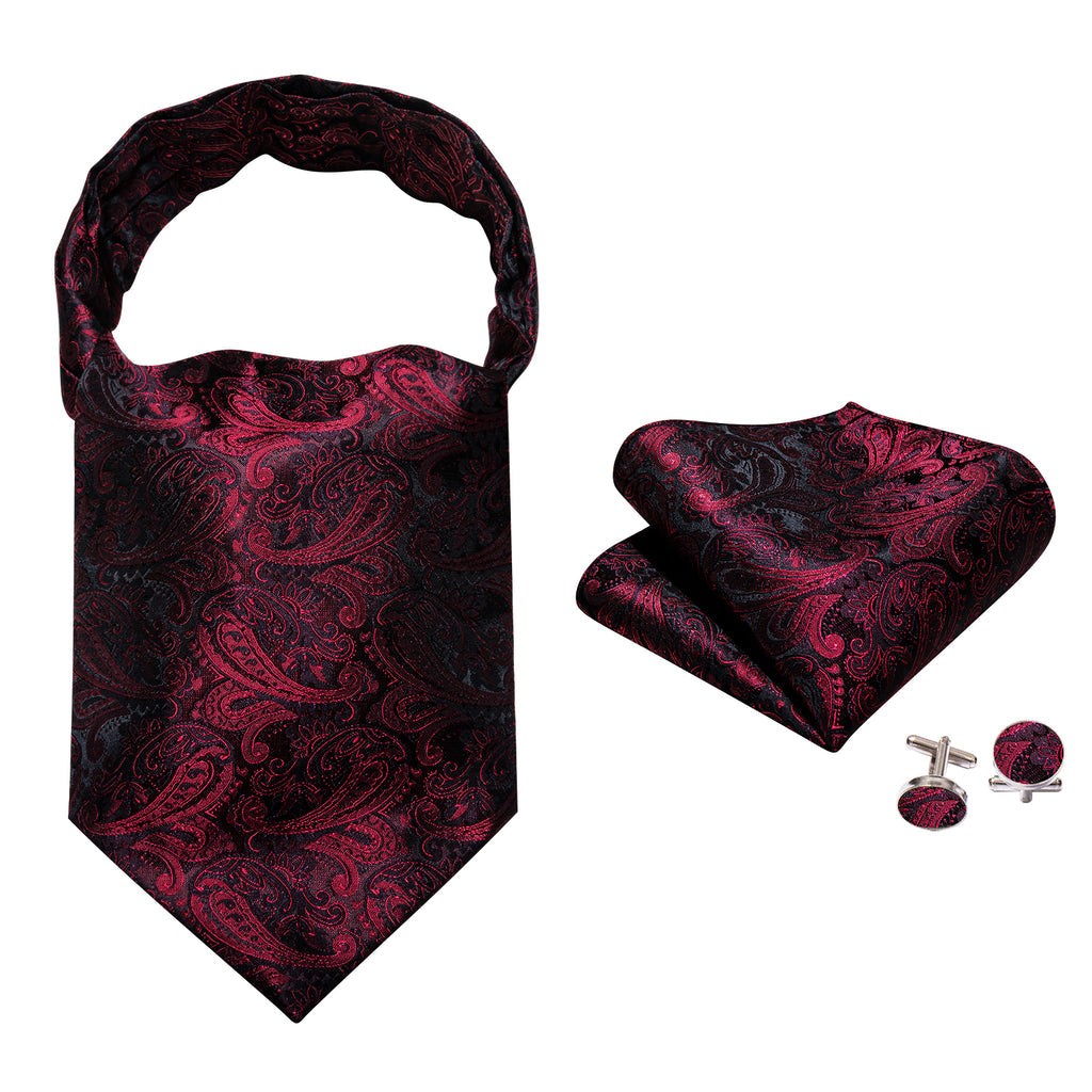 Black Red Paisley Ascot, Pocket Square and Cufflinks ascot - Sophisticated Gentlemen
