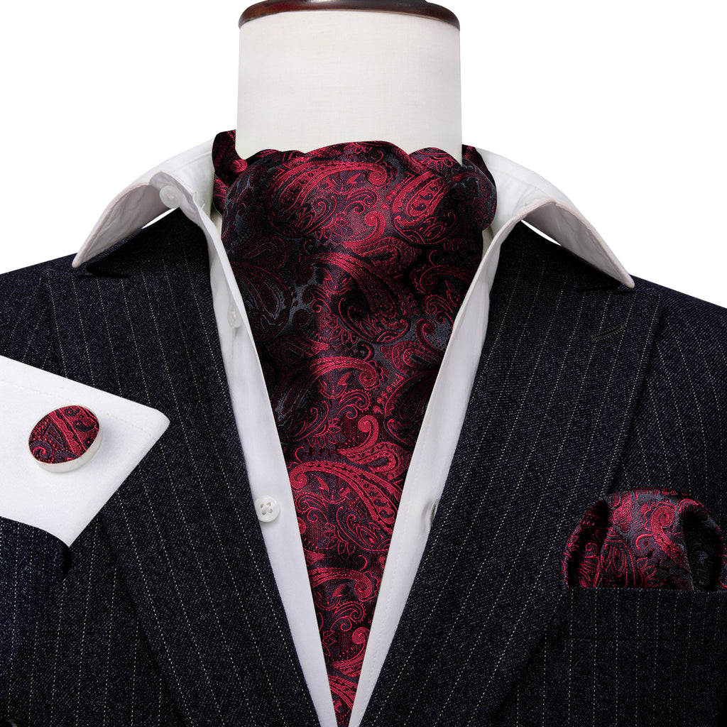 Black Red Paisley Ascot, Pocket Square and Cufflinks ascot - Sophisticated Gentlemen