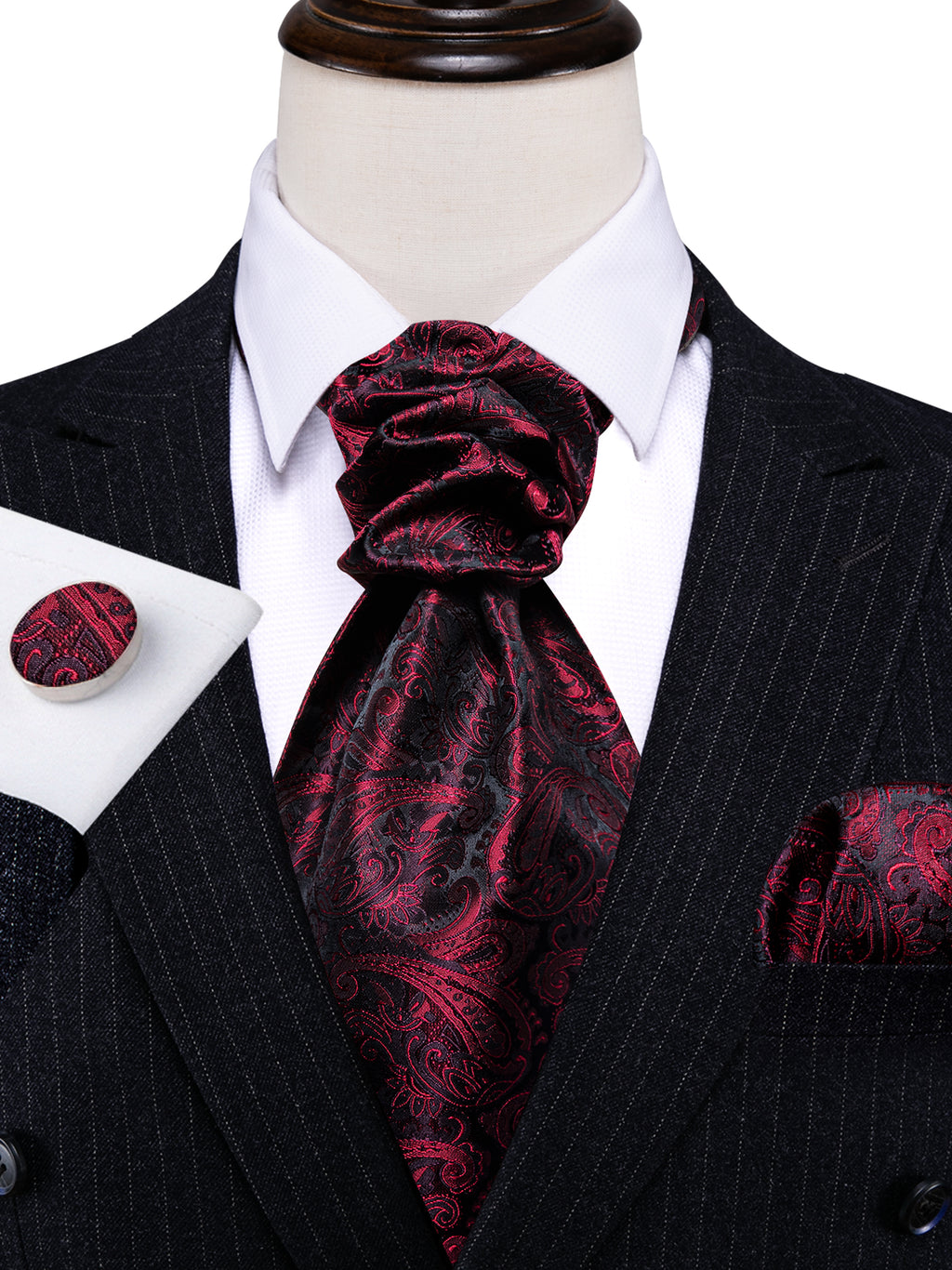 Black Red Paisley Ascot, Pocket Square and Cufflinks ascot - Sophisticated Gentlemen