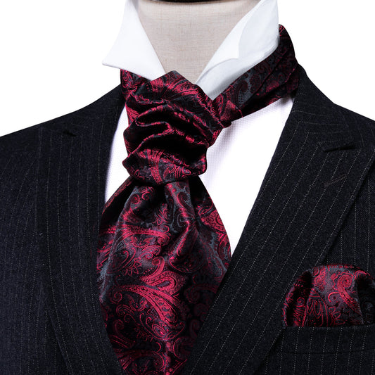 Black Red Paisley Ascot, Pocket Square and Cufflinks ascot    - Sophisticated Gentlemen