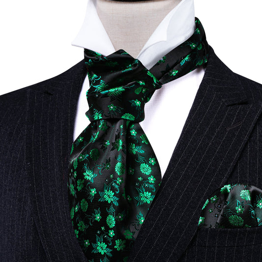 Green Black Flower Ascot, Pocket Square and Cufflinks ascot    - Sophisticated Gentlemen