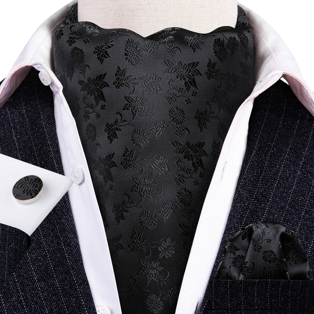 Black Flower Ascot, Pocket Square and Cufflinks ascot - Sophisticated Gentlemen