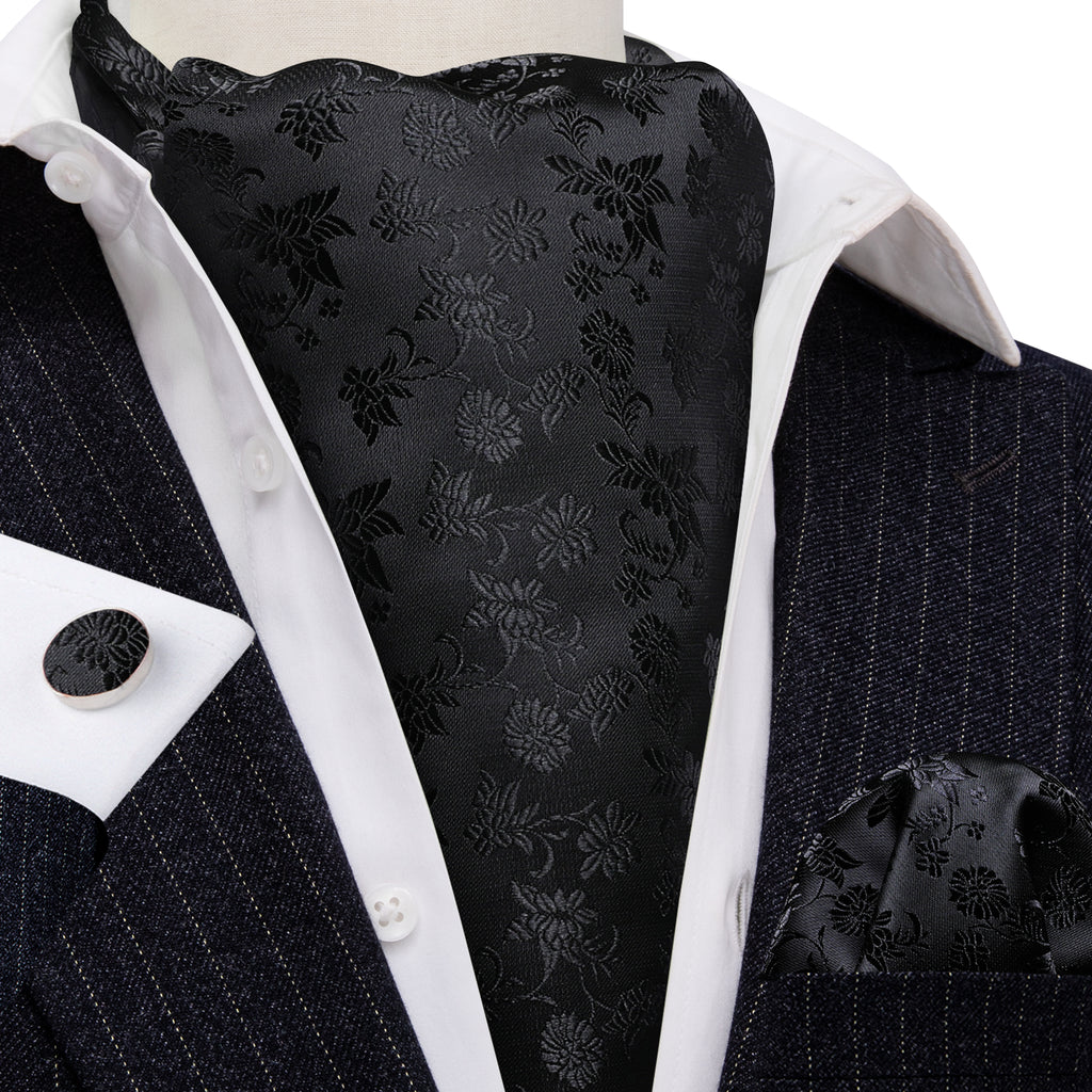 Black Flower Ascot, Pocket Square and Cufflinks ascot - Sophisticated Gentlemen