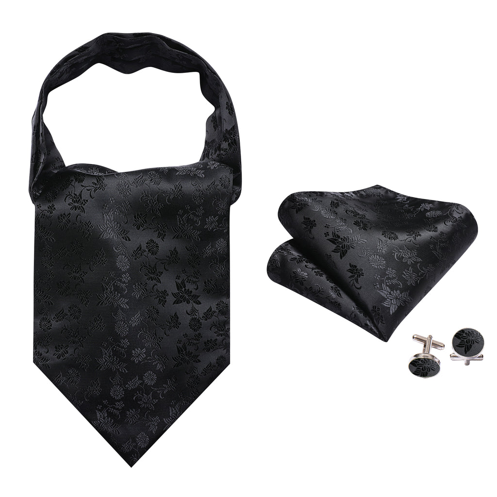 Black Flower Ascot, Pocket Square and Cufflinks ascot - Sophisticated Gentlemen