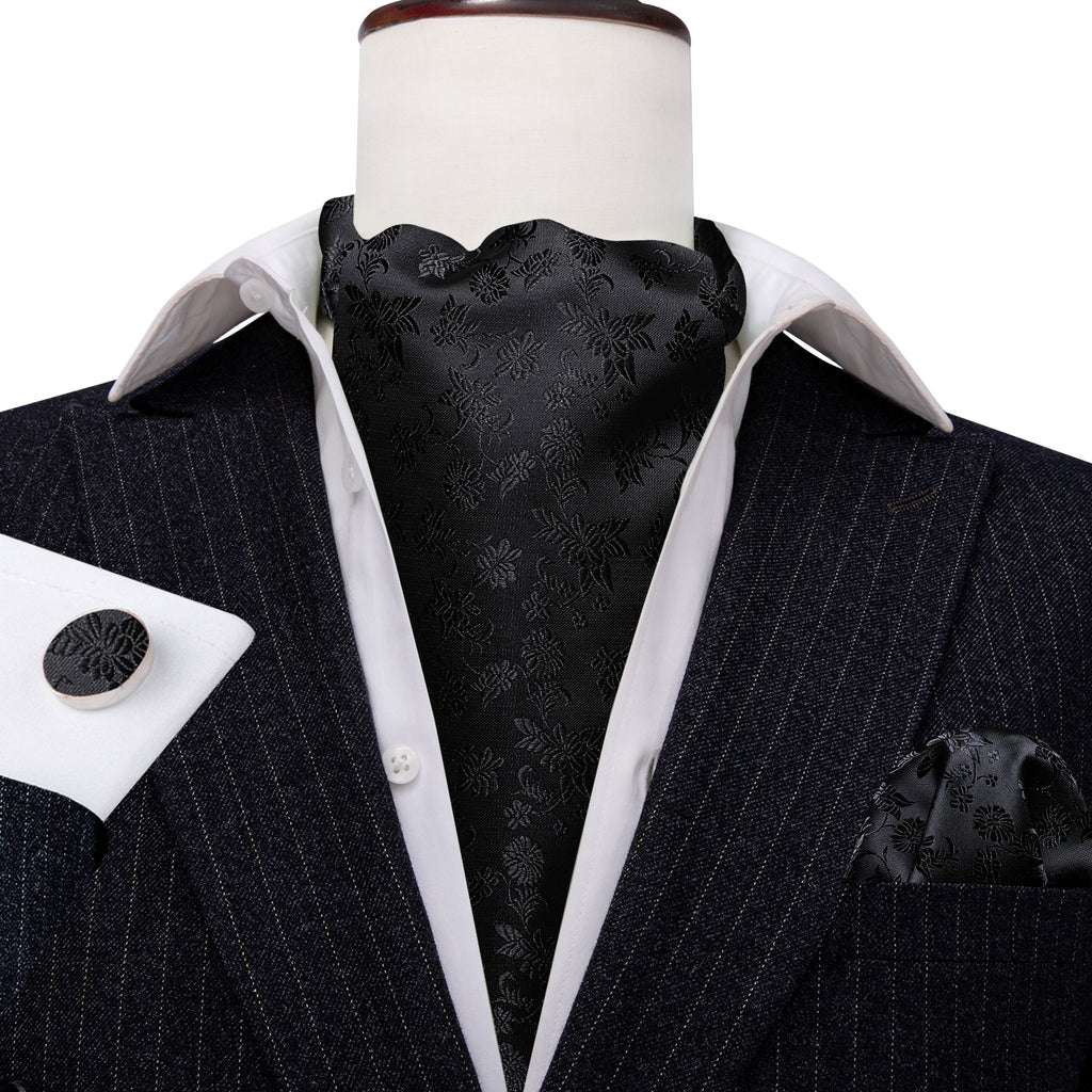 Black Flower Ascot, Pocket Square and Cufflinks ascot - Sophisticated Gentlemen