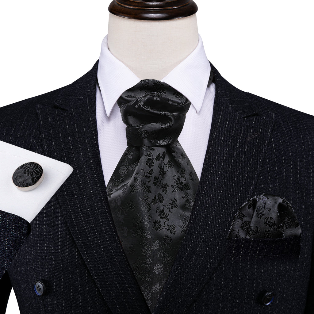 Black Flower Ascot, Pocket Square and Cufflinks ascot - Sophisticated Gentlemen